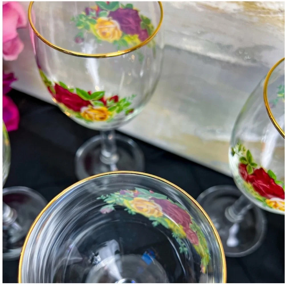 Vintage Royal Albert Old Country Roses Wine Glass Set Barware Burgundy Gold Rim